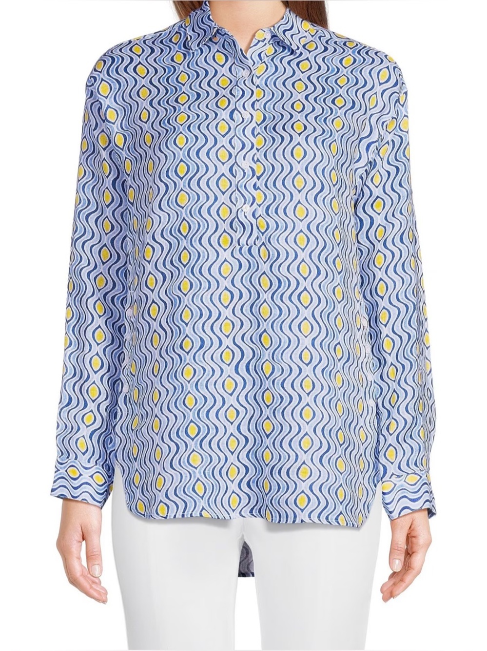 J. McLaughlin Fallon Tunic Blouse Costa Key Print 100% Linen L Coastal Lagenlook